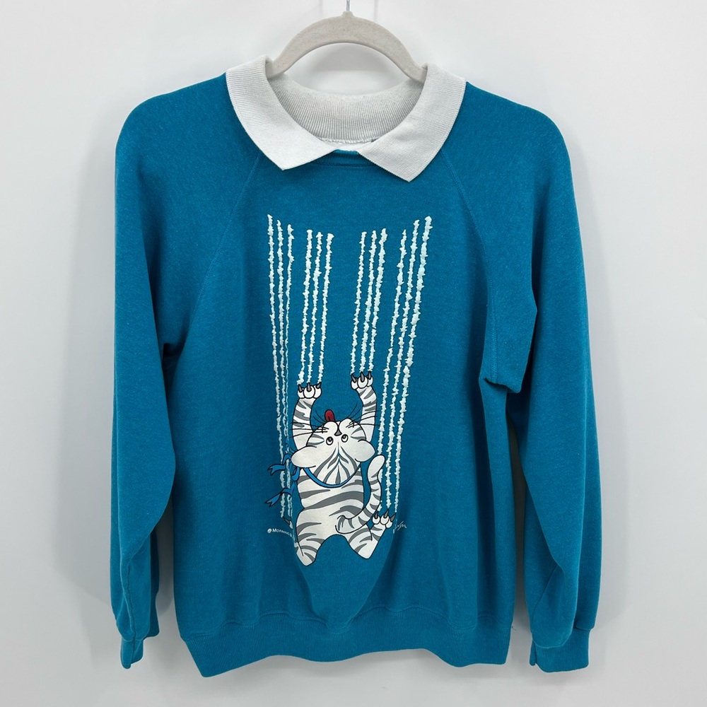 Vintage Teal Sweater with White Cat Graphic and White Collar